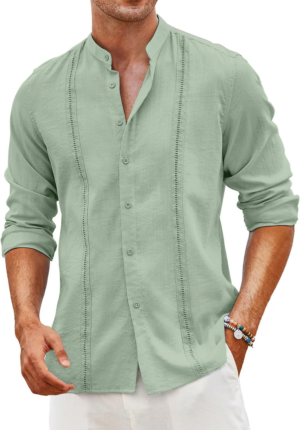 Men's Cuban Guayabera Shirt Casual Long Sleeve Button Down Shirts Band Collar Linen Summer Beach Shirt