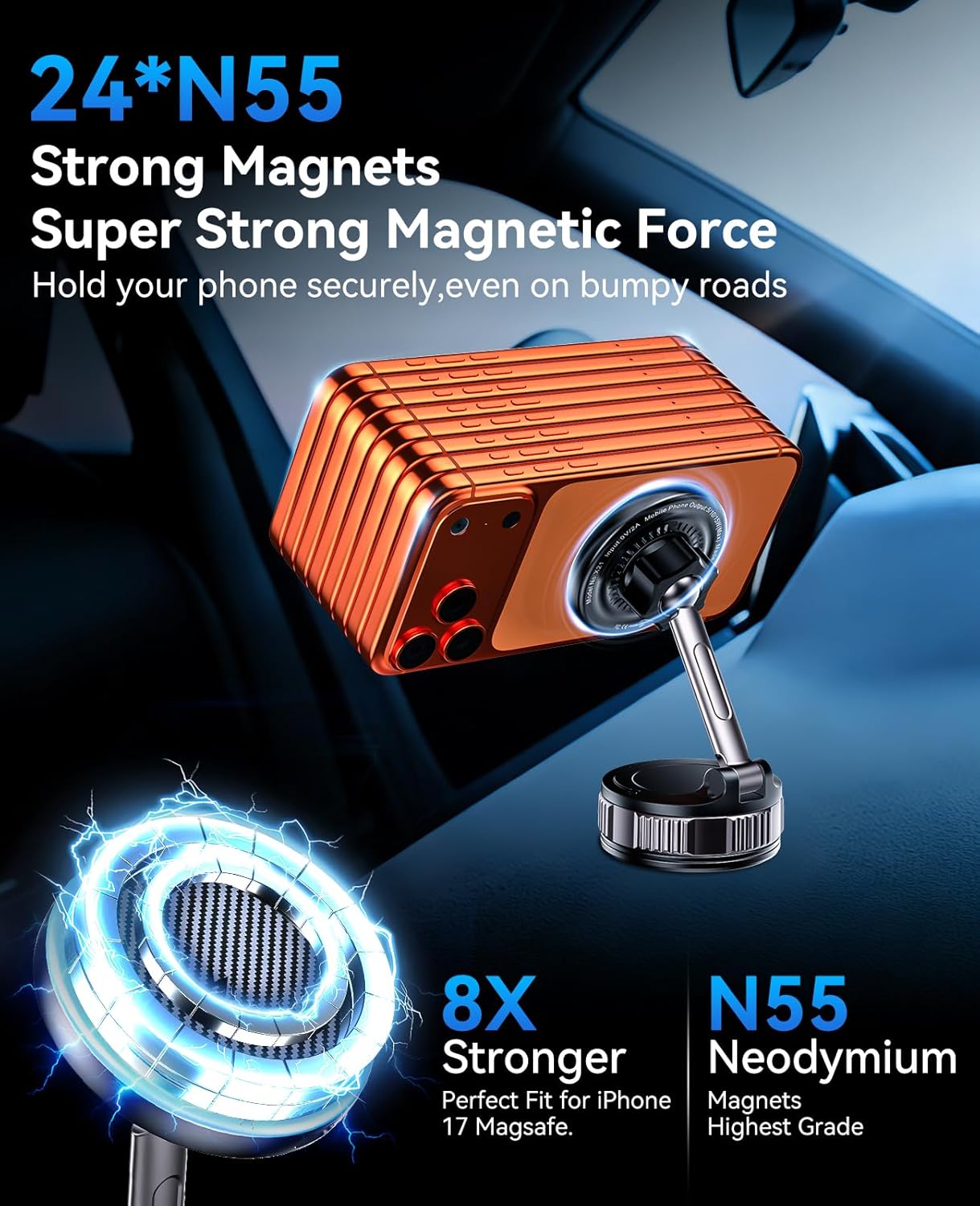 iPhone Car Mount Charger [15W Fast Wireless Charging, 120+ LB Strongest Suction & 2800gf Strongest Magnetic] 360° Adjustable Car Phone Holders for Your car, for iPhone 17 16 15 14 13 12 Series