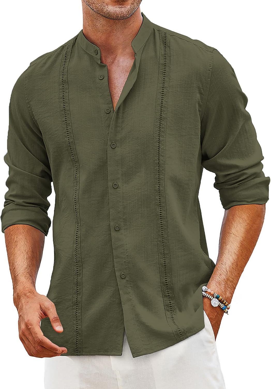 Men's Cuban Guayabera Shirt Casual Long Sleeve Button Down Shirts Band Collar Linen Summer Beach Shirt