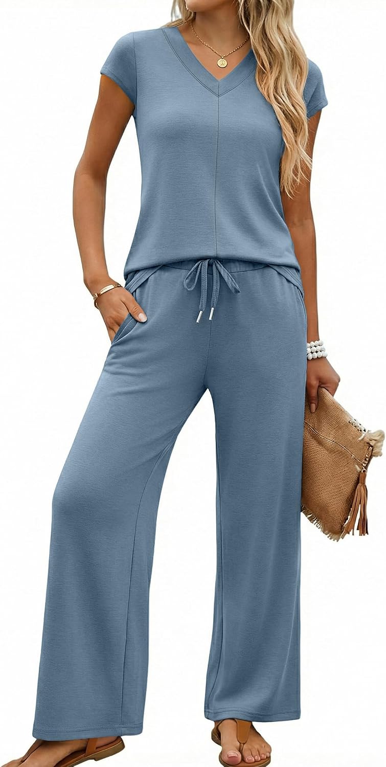 Two Piece Sets for Women Side Slit Summer Travel Outfits V Neck Wide Leg Pant Matching Clothes Lounge Set