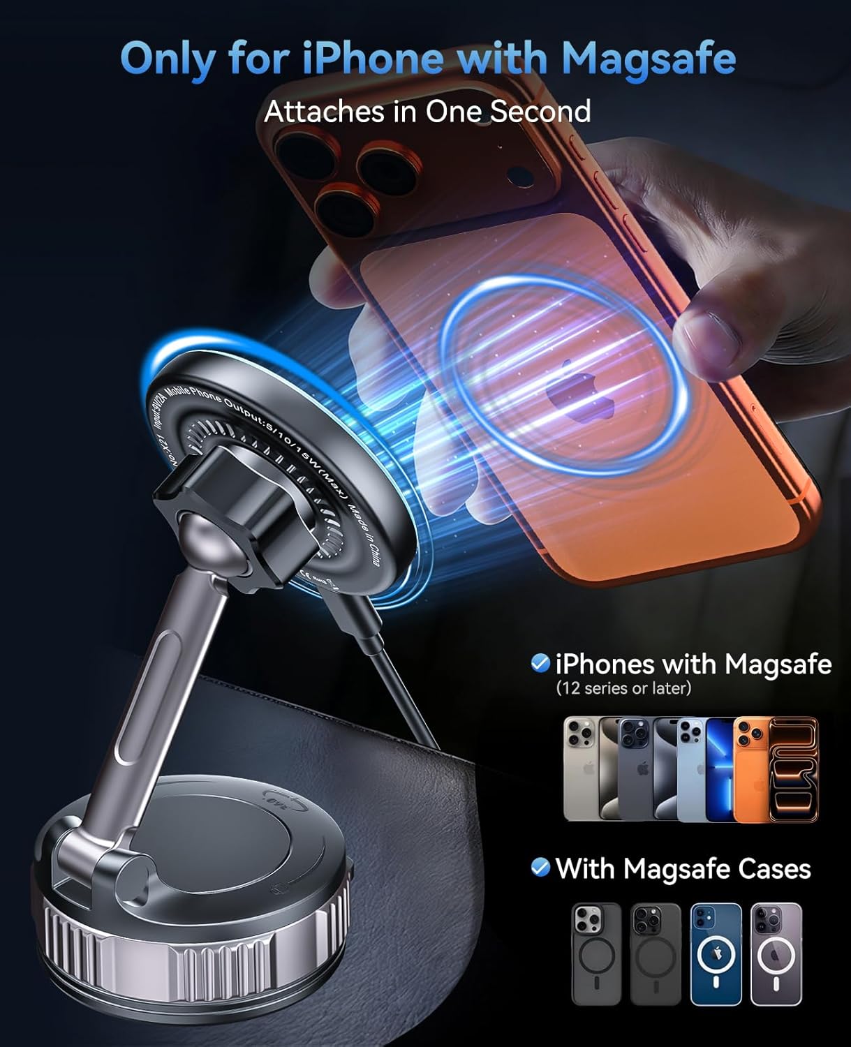 iPhone Car Mount Charger [15W Fast Wireless Charging, 120+ LB Strongest Suction & 2800gf Strongest Magnetic] 360° Adjustable Car Phone Holders for Your car, for iPhone 17 16 15 14 13 12 Series