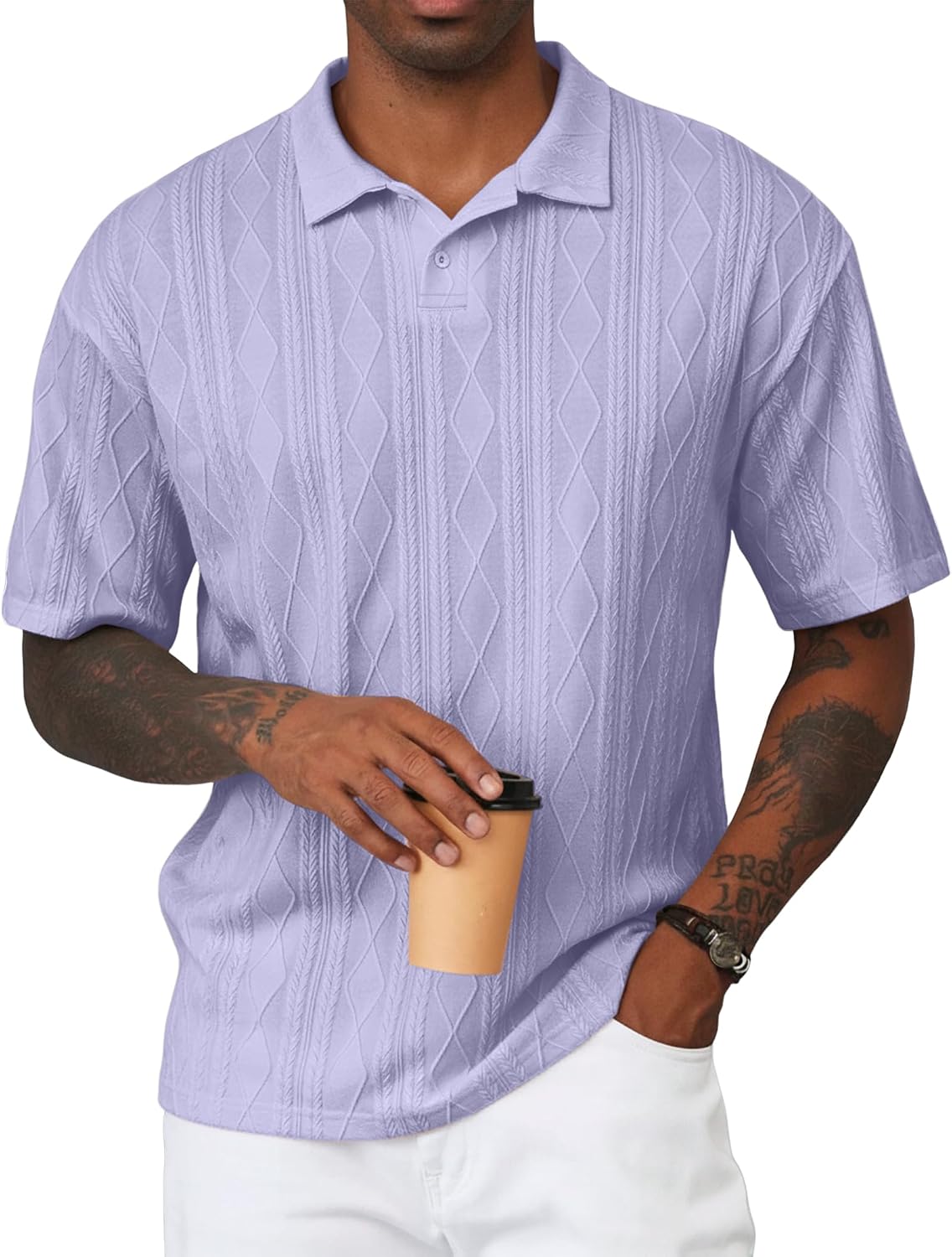 Mens Polo Shirt Textured Knit Button Casual Short Sleeve Summer Vacation Beach Stretchy Golf Shirts