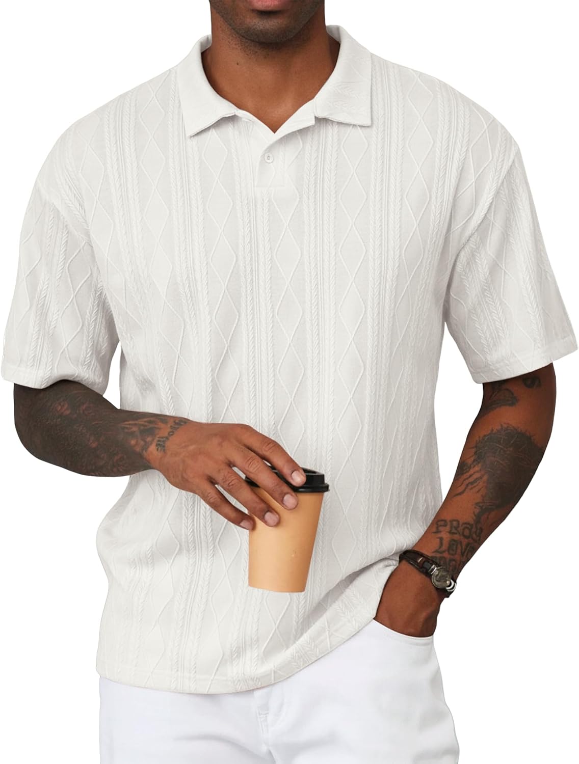 Mens Polo Shirt Textured Knit Button Casual Short Sleeve Summer Vacation Beach Stretchy Golf Shirts