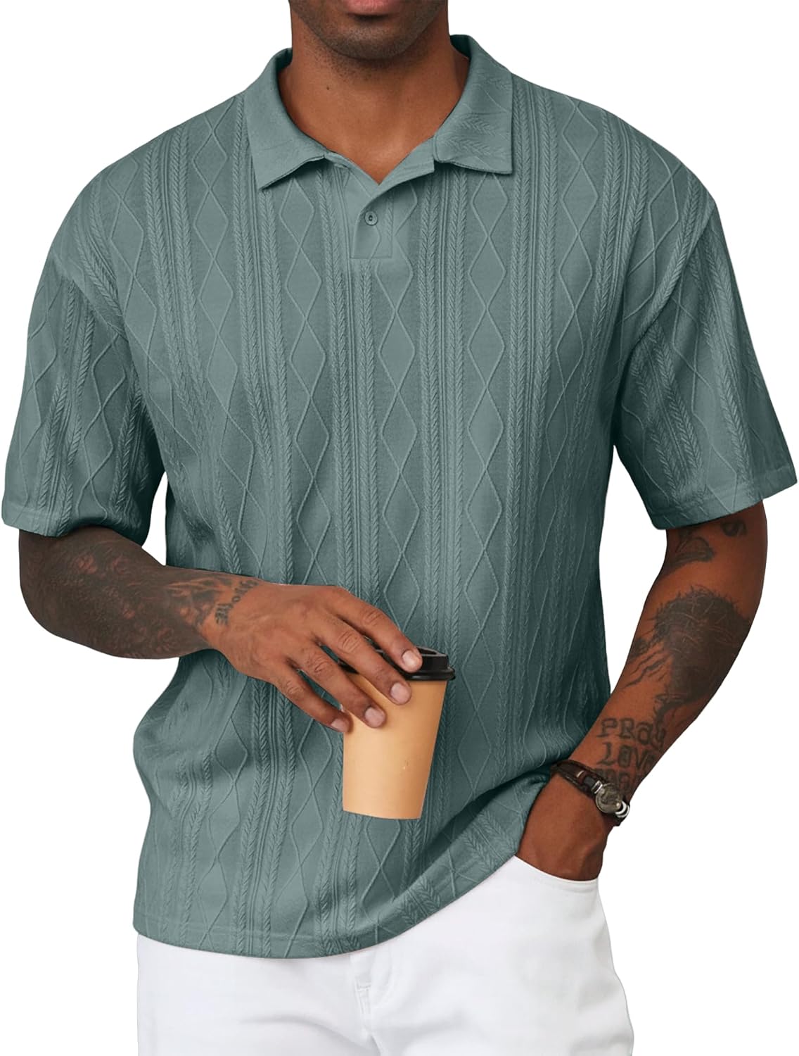 Mens Polo Shirt Textured Knit Button Casual Short Sleeve Summer Vacation Beach Stretchy Golf Shirts