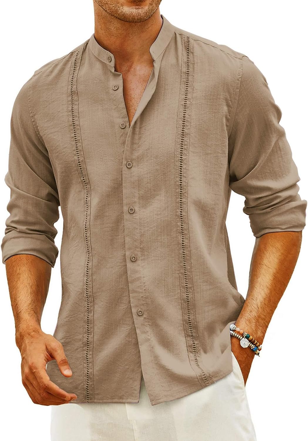 Men's Cuban Guayabera Shirt Casual Long Sleeve Button Down Shirts Band Collar Linen Summer Beach Shirt