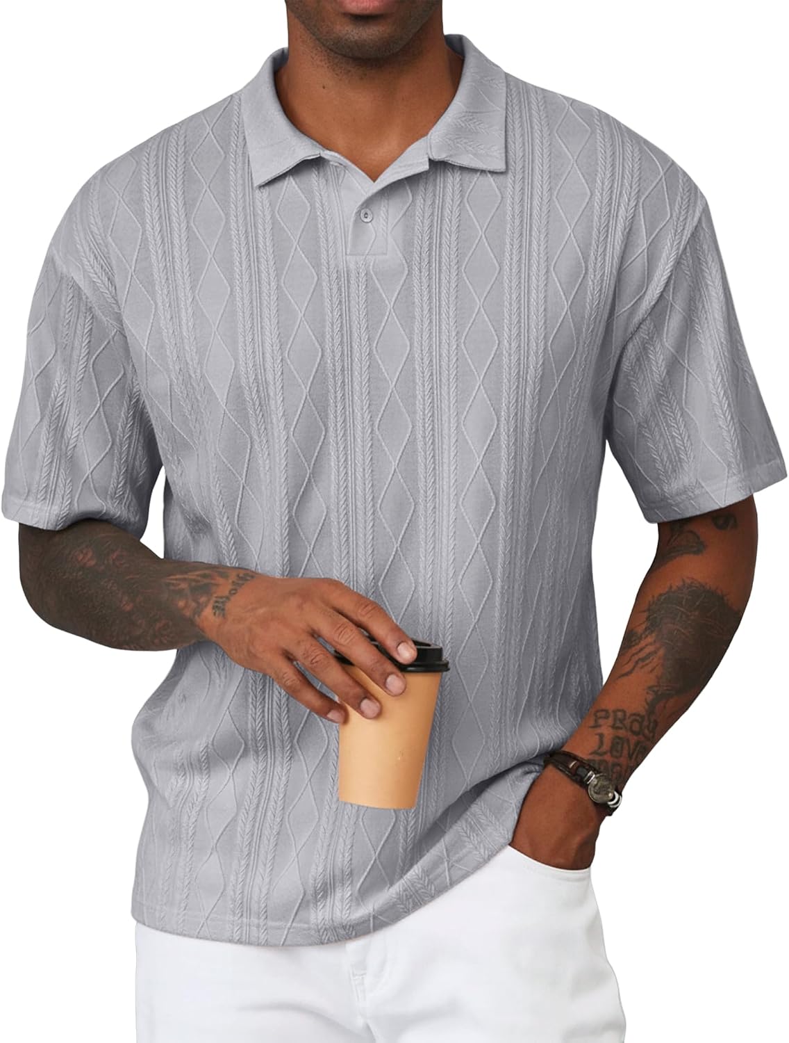 Mens Polo Shirt Textured Knit Button Casual Short Sleeve Summer Vacation Beach Stretchy Golf Shirts