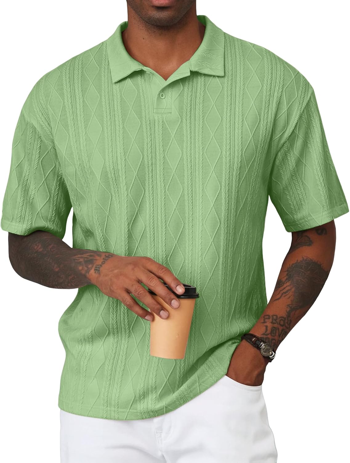 Mens Polo Shirt Textured Knit Button Casual Short Sleeve Summer Vacation Beach Stretchy Golf Shirts