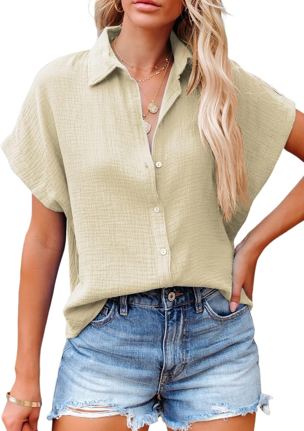Casual V Neck Button Down Shirts for Women Solid Short Sleeve Blouse Tops