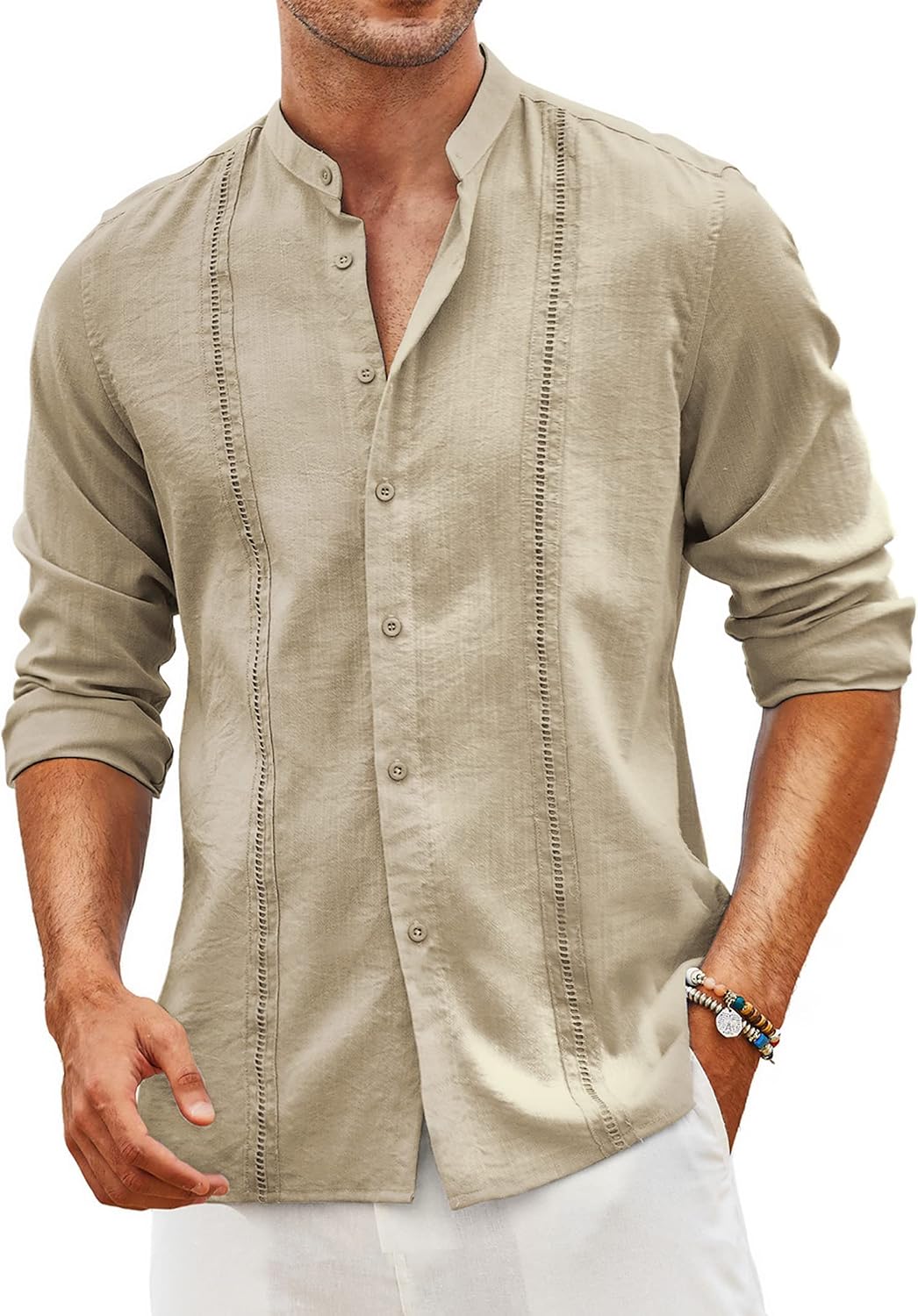 Men's Cuban Guayabera Shirt Casual Long Sleeve Button Down Shirts Band Collar Linen Summer Beach Shirt