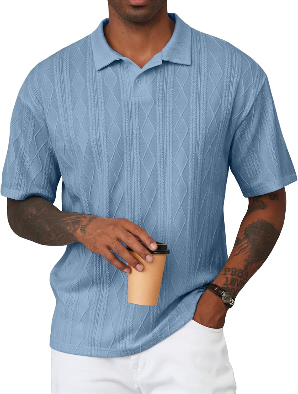 Mens Polo Shirt Textured Knit Button Casual Short Sleeve Summer Vacation Beach Stretchy Golf Shirts