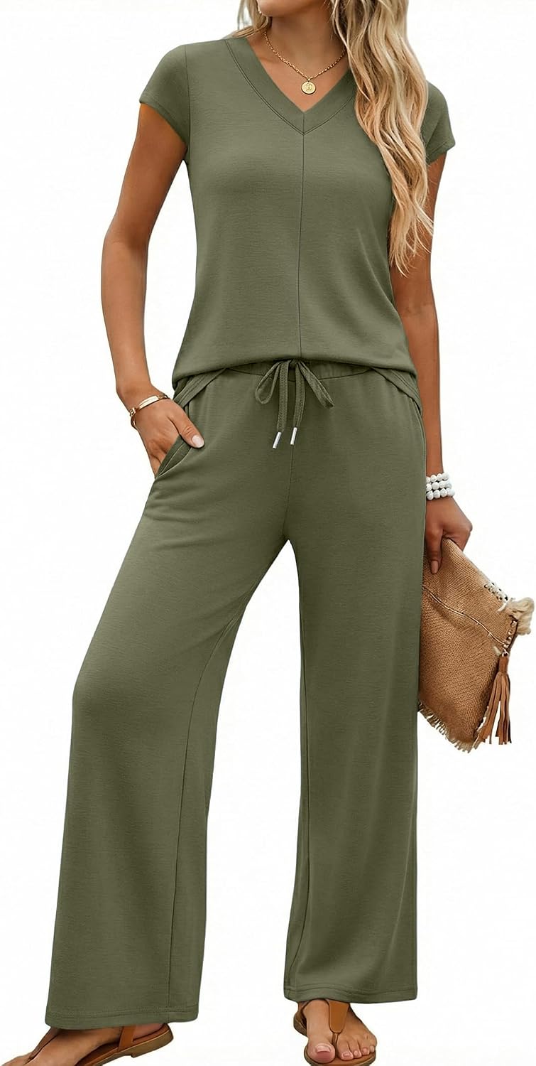 Two Piece Sets for Women Side Slit Summer Travel Outfits V Neck Wide Leg Pant Matching Clothes Lounge Set