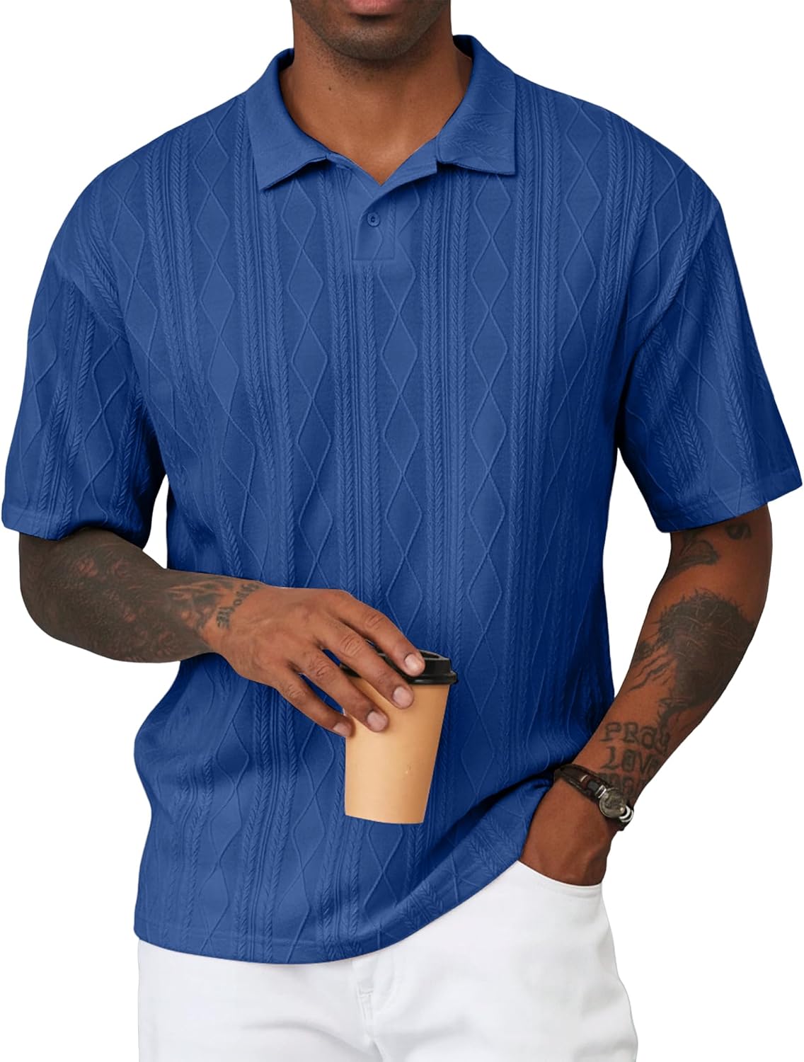Mens Polo Shirt Textured Knit Button Casual Short Sleeve Summer Vacation Beach Stretchy Golf Shirts