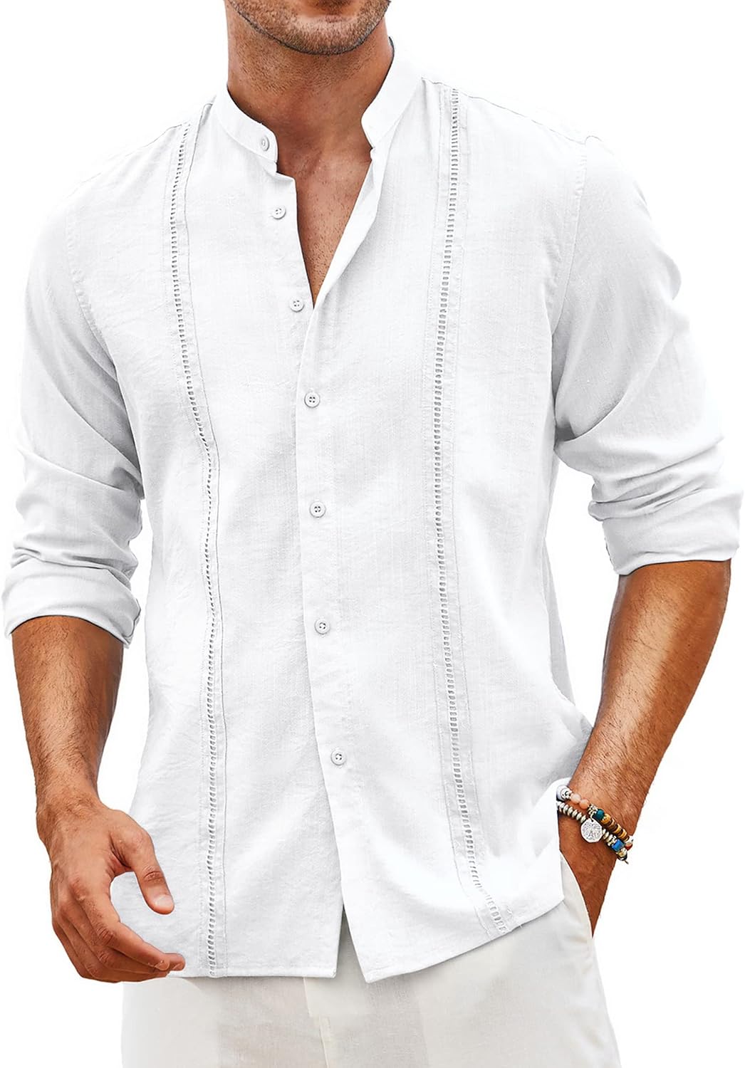 Men's Cuban Guayabera Shirt Casual Long Sleeve Button Down Shirts Band Collar Linen Summer Beach Shirt