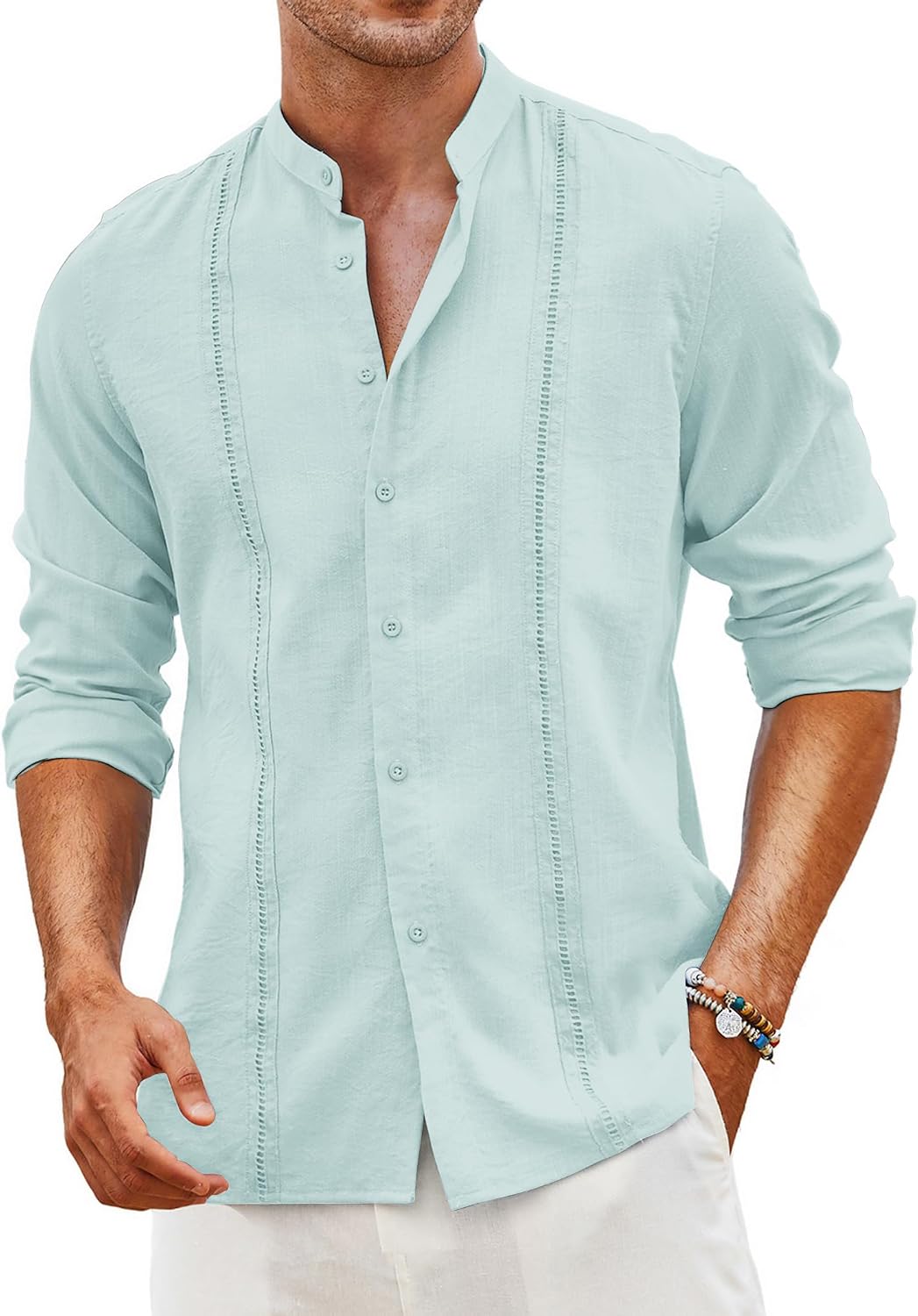 Men's Cuban Guayabera Shirt Casual Long Sleeve Button Down Shirts Band Collar Linen Summer Beach Shirt