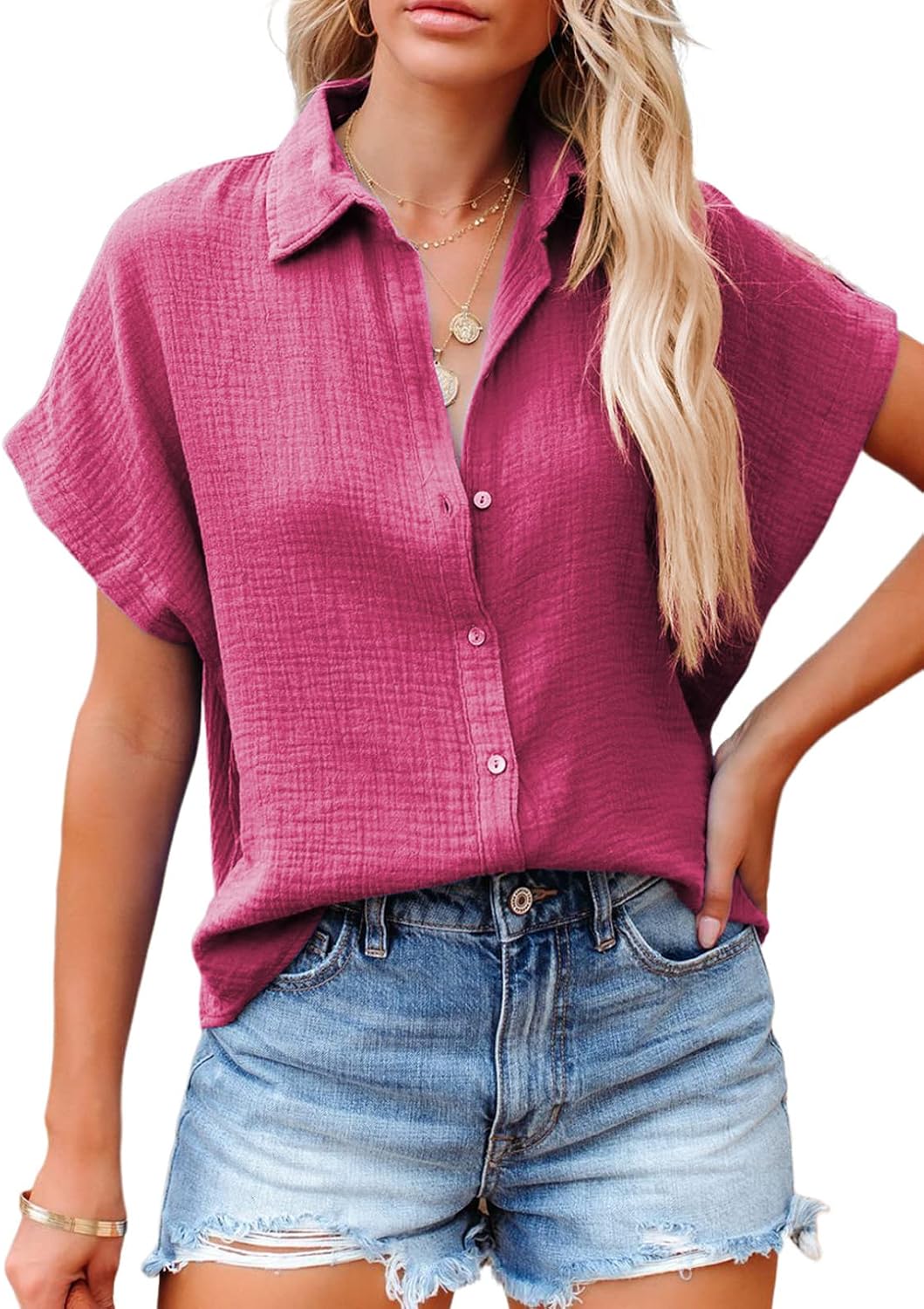 Casual V Neck Button Down Shirts for Women Solid Short Sleeve Blouse Tops