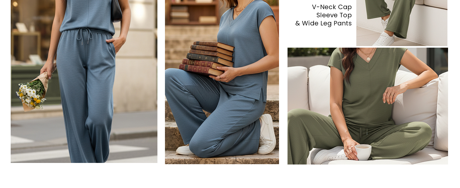 Two Piece Sets for Women Side Slit Summer Travel Outfits V Neck Wide Leg Pant Matching Lounge Set