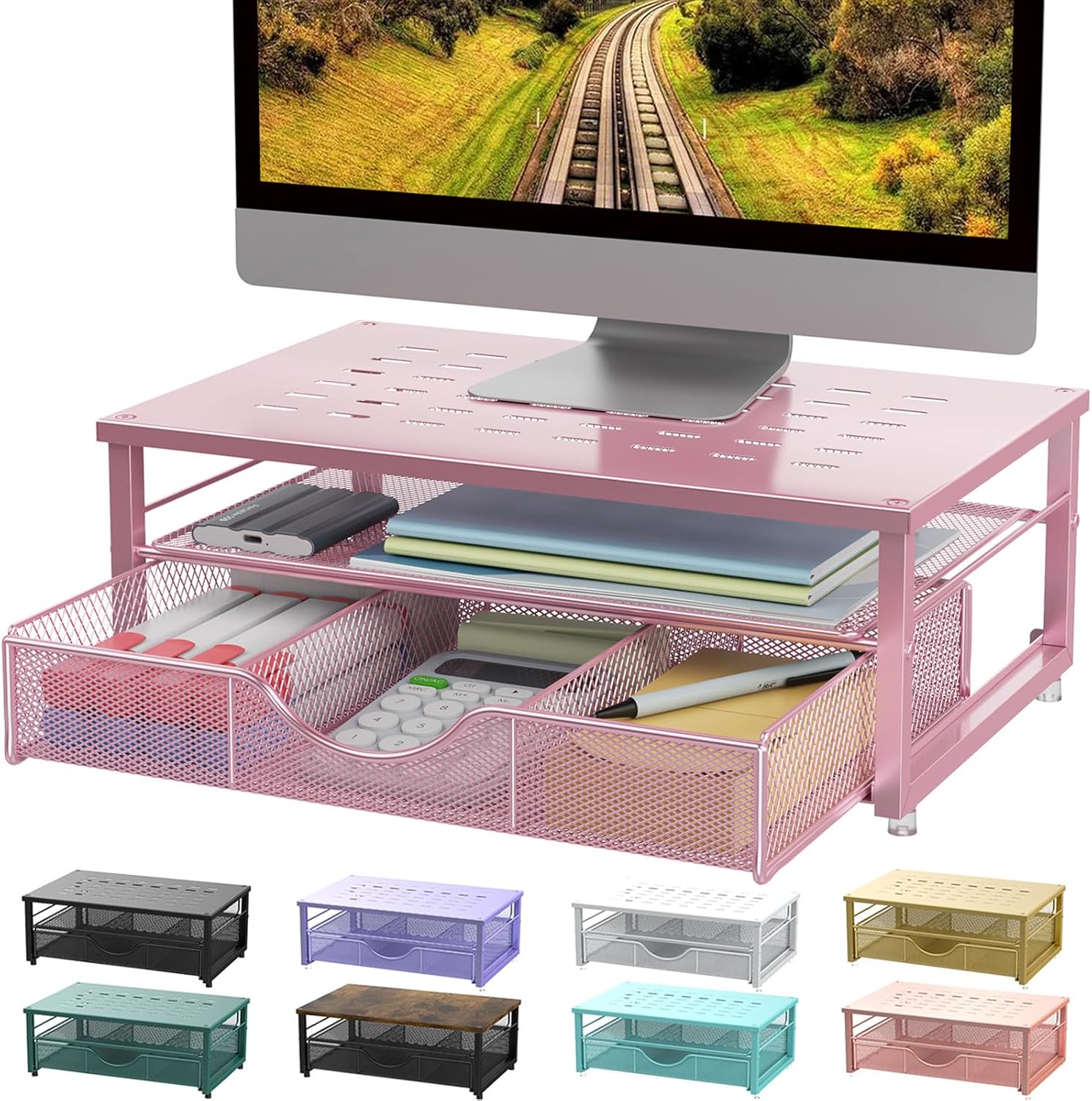 Computer Monitor Stand Riser, Desk Organizers and Accessories with Drawer, Office Desk Accessories & Workspace Desktop Organizers Storage for Printer Stand (Black)