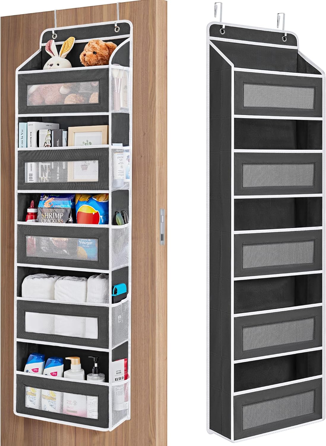 Over The Door Organizer Storage, 5 Shelf Hanging Door Organizer with 5 Large Capacity Pockets, Anti Tilt 44 lb Load Behind Door Storage for Bedroom, Bathroom, Pantry, Nursery, (Grey)