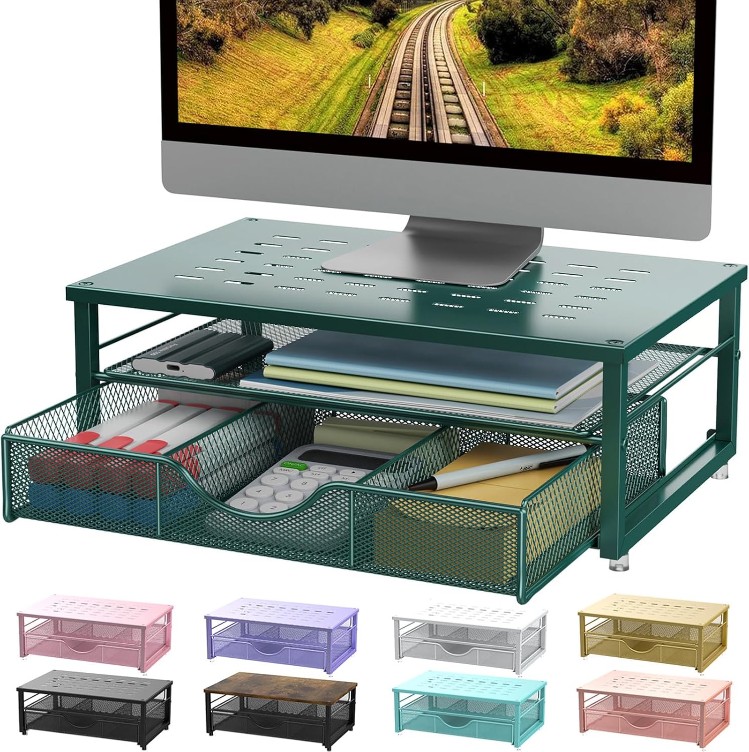 Computer Monitor Stand Riser, Desk Organizers and Accessories with Drawer, Office Desk Accessories & Workspace Desktop Organizers Storage for Printer Stand (Black)