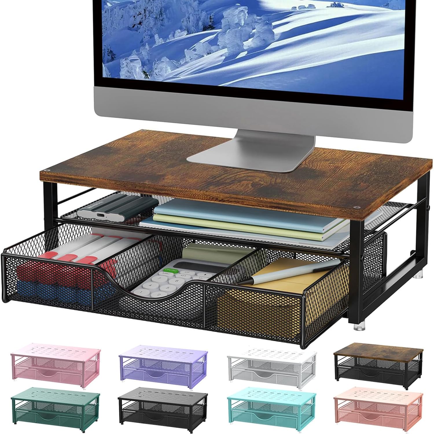 Computer Monitor Stand Riser, Desk Organizers and Accessories with Drawer, Office Desk Accessories & Workspace Desktop Organizers Storage for Printer Stand (Black)