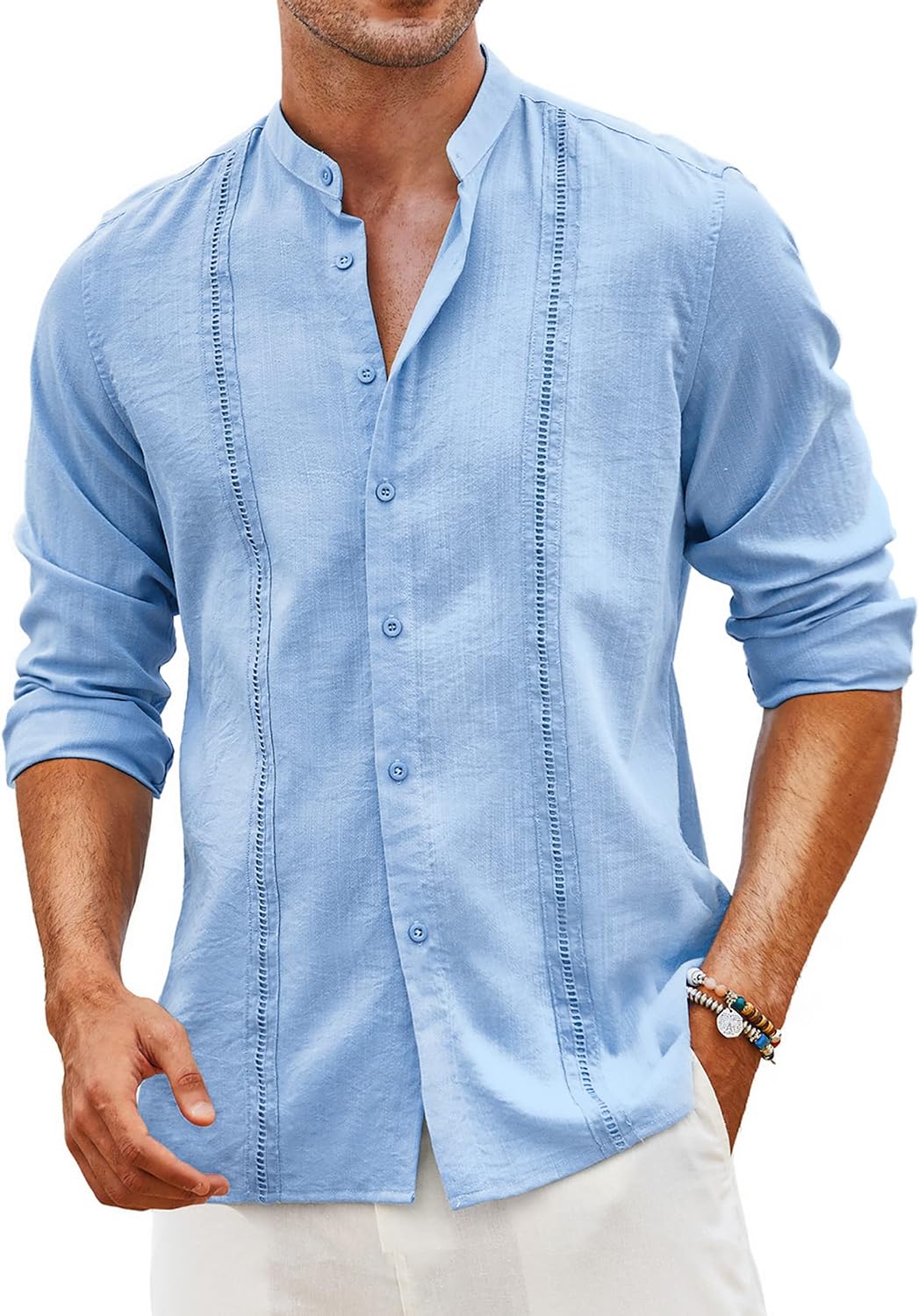 Men's Cuban Guayabera Shirt Casual Long Sleeve Button Down Shirts Band Collar Linen Summer Beach Shirt