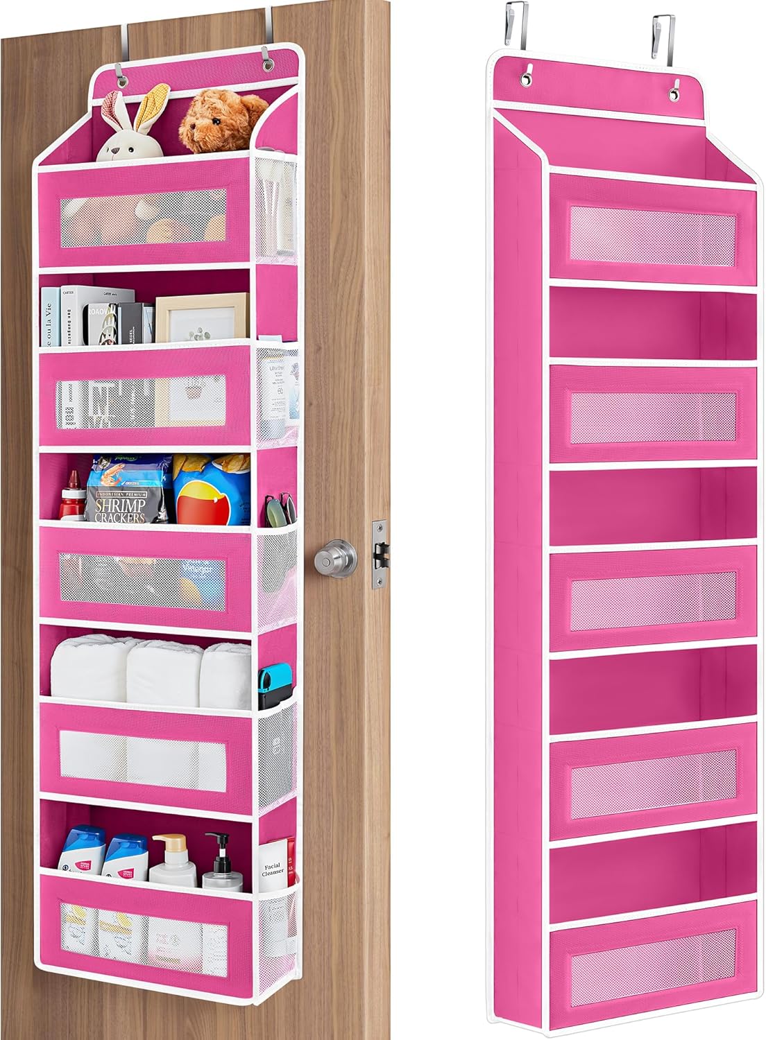 Over The Door Organizer Storage, 5 Shelf Hanging Door Organizer with 5 Large Capacity Pockets, Anti Tilt 44 lb Load Behind Door Storage for Bedroom, Bathroom, Pantry, Nursery, (Grey)
