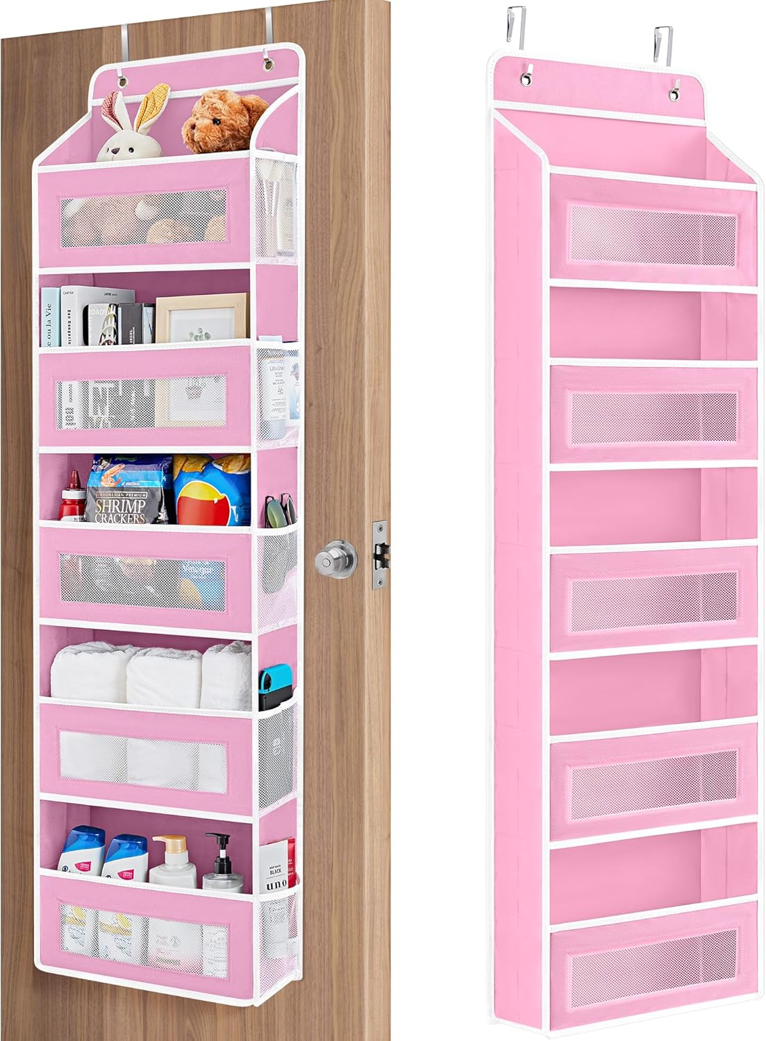 Over The Door Organizer Storage, 5 Shelf Hanging Door Organizer with 5 Large Capacity Pockets, Anti Tilt 44 lb Load Behind Door Storage for Bedroom, Bathroom, Pantry, Nursery, (Grey)