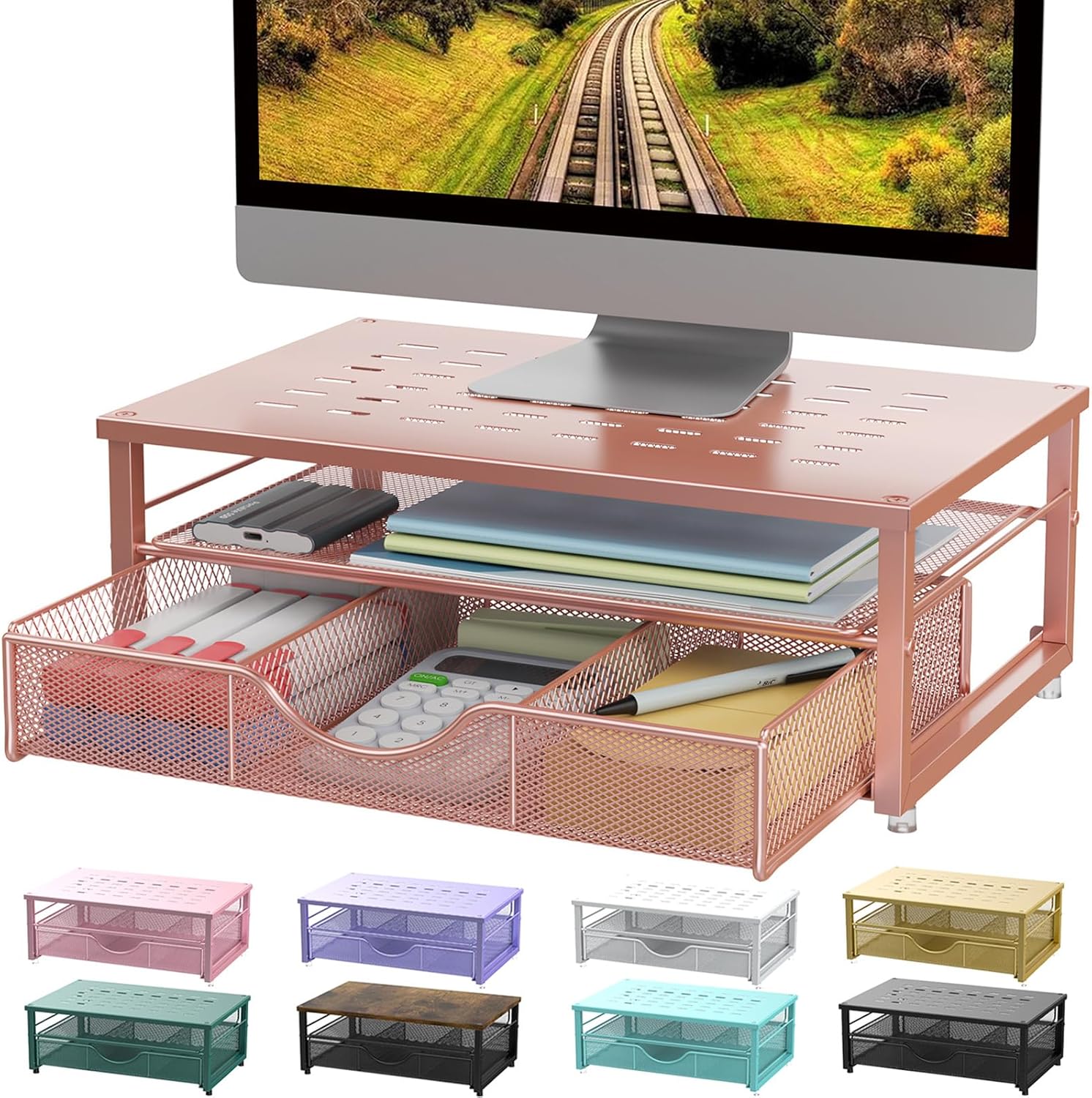 Computer Monitor Stand Riser, Desk Organizers and Accessories with Drawer, Office Desk Accessories & Workspace Desktop Organizers Storage for Printer Stand (Black)