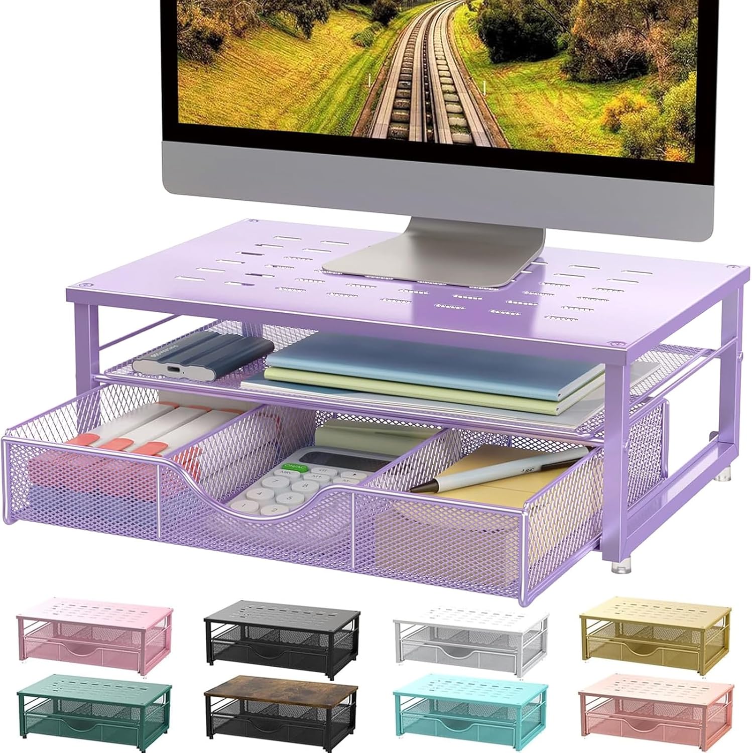 Computer Monitor Stand Riser, Desk Organizers and Accessories with Drawer, Office Desk Accessories & Workspace Desktop Organizers Storage for Printer Stand (Black)