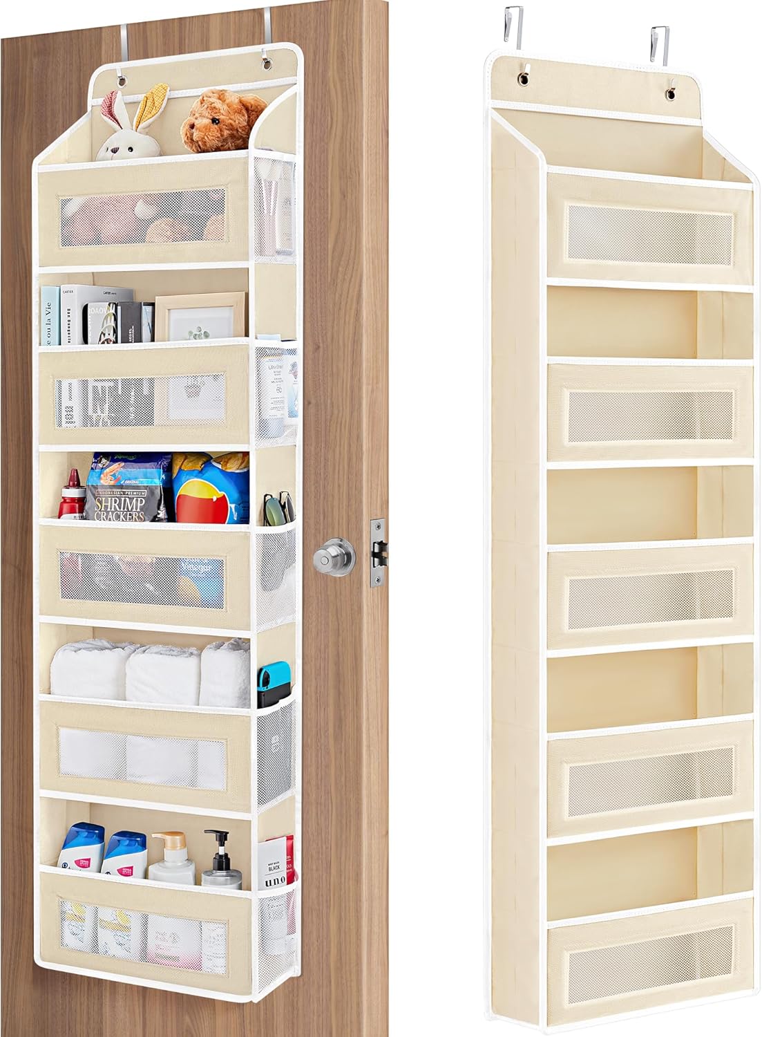 Over The Door Organizer Storage, 5 Shelf Hanging Door Organizer with 5 Large Capacity Pockets, Anti Tilt 44 lb Load Behind Door Storage for Bedroom, Bathroom, Pantry, Nursery, (Grey)