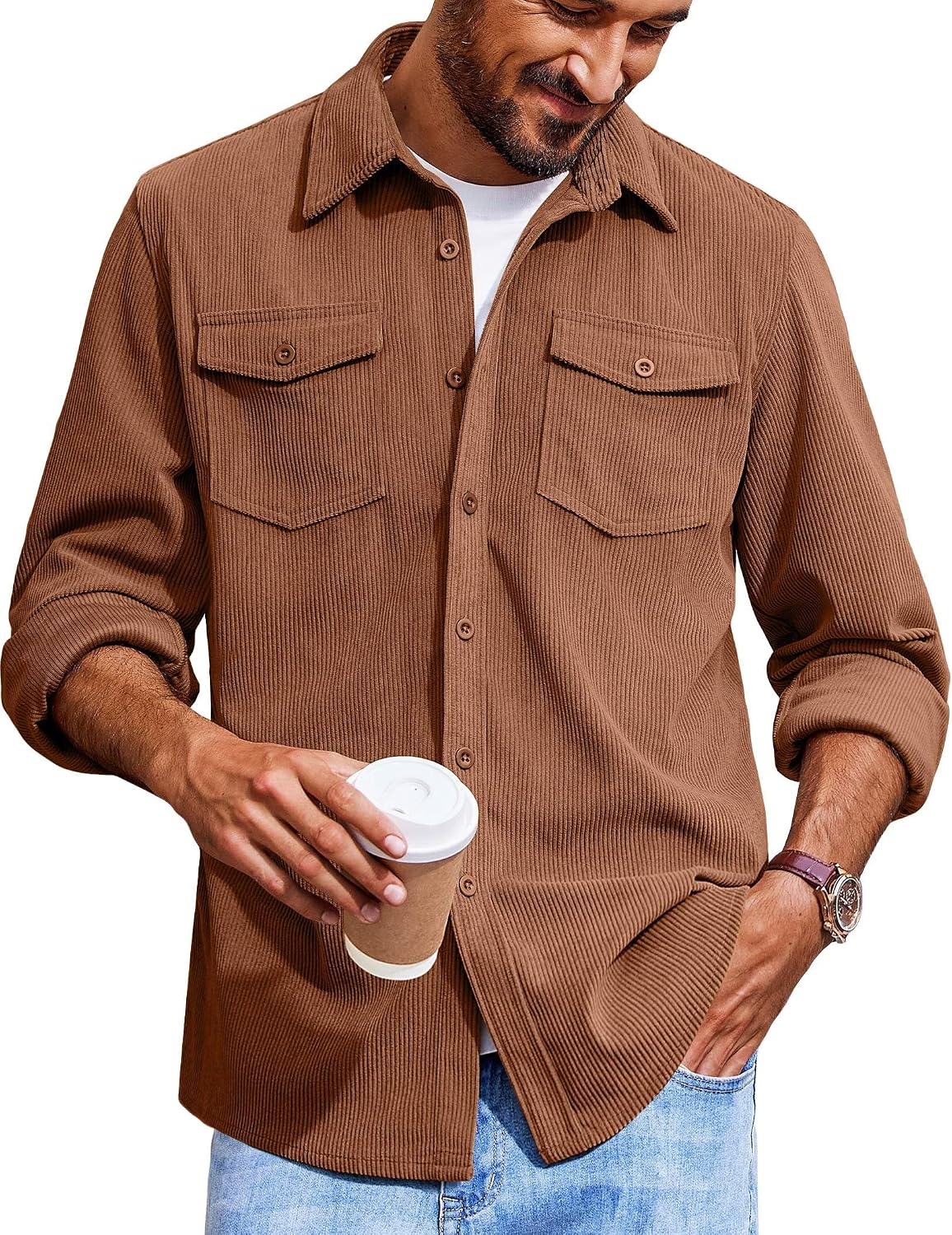Men's Corduroy Button Down Shirts Jackets Casual Long Sleeve Shacket Lightweight Overshirts with Flap Pockets