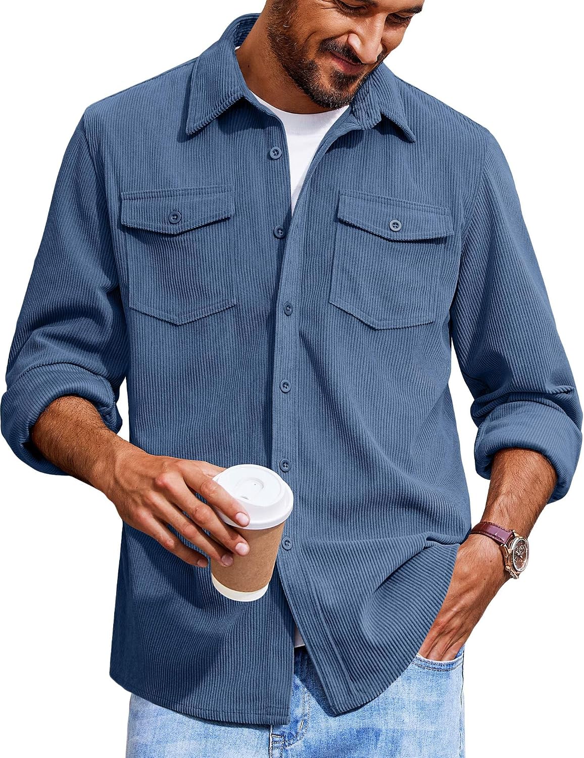Men's Corduroy Button Down Shirts Jackets Casual Long Sleeve Shacket Lightweight Overshirts with Flap Pockets