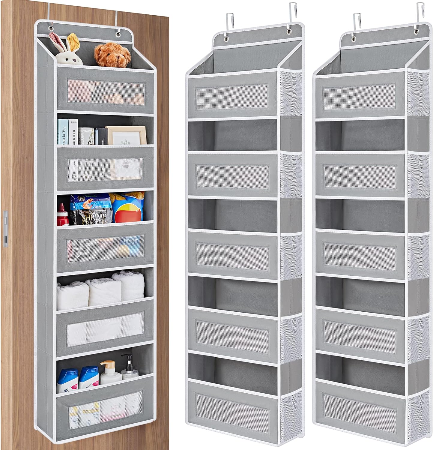 Over The Door Organizer Storage, 5 Shelf Hanging Door Organizer with 5 Large Capacity Pockets, Anti Tilt 44 lb Load Behind Door Storage for Bedroom, Bathroom, Pantry, Nursery, (Grey)