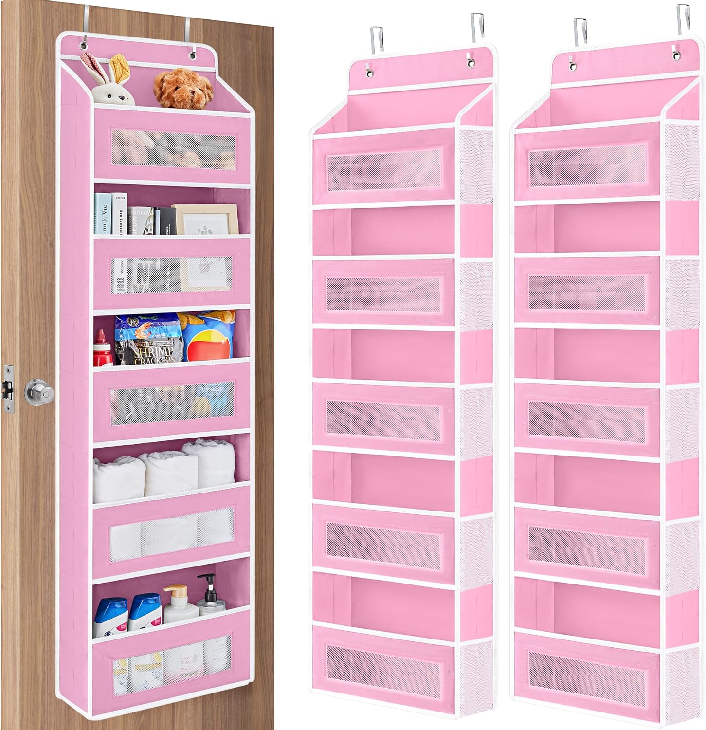 Over The Door Organizer Storage, 5 Shelf Hanging Door Organizer with 5 Large Capacity Pockets, Anti Tilt 44 lb Load Behind Door Storage for Bedroom, Bathroom, Pantry, Nursery, (Grey)