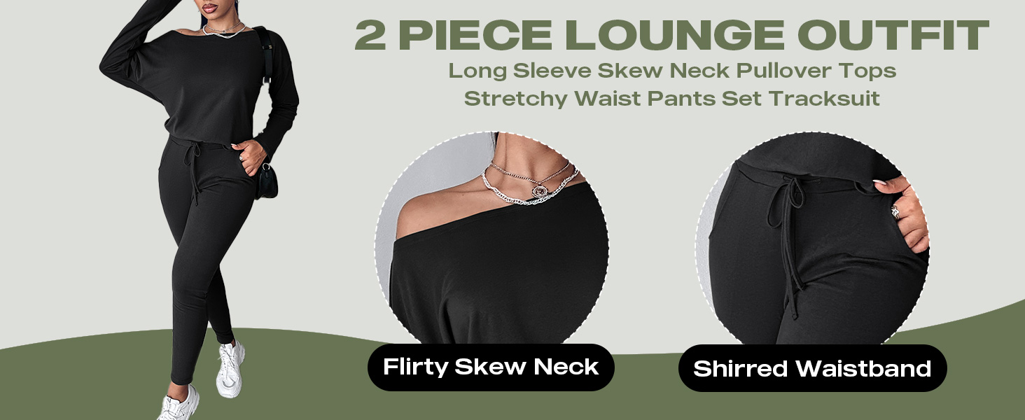Long Sleeve Skew Neck Pullover Top Pant Set Tracksuit