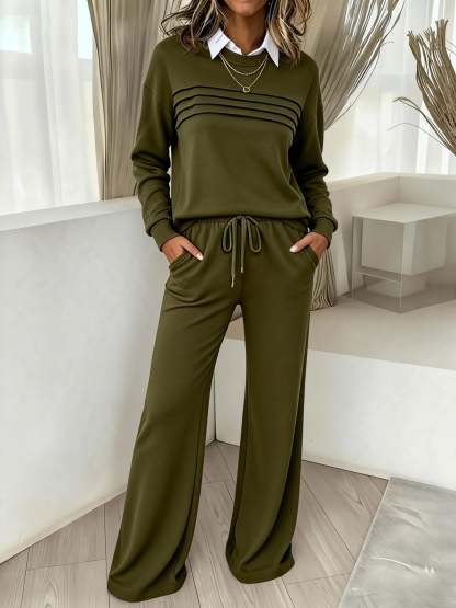 Women's Crew Neck Lounge Set - Soft Cotton Top & Drawstring Pants