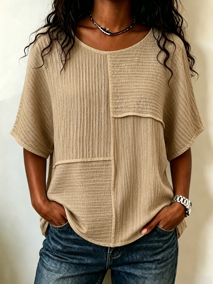 🔥CLEARANCE SALE🔥Women's Textured Patchwork Top with Round Neck and Short Sleeves