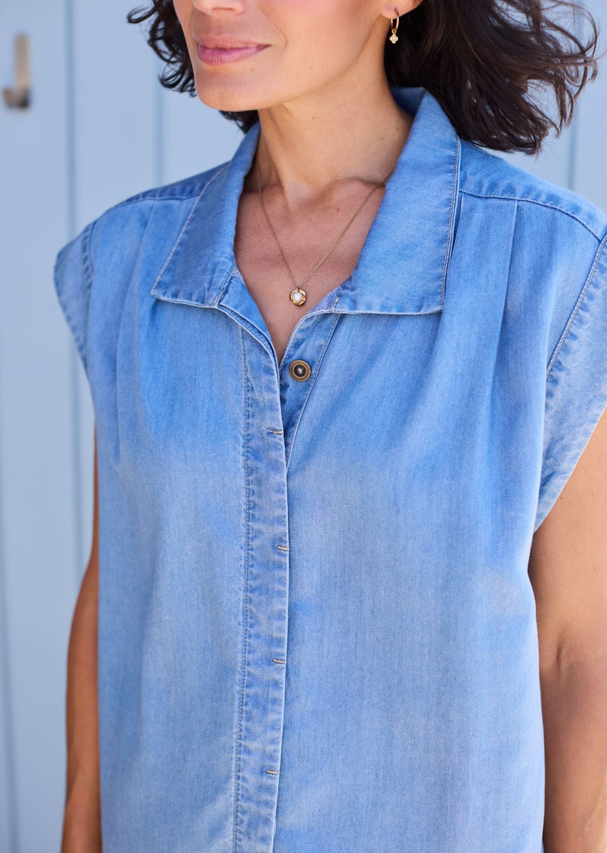 Women's Light Denim Striped Spliced Collar Long Sleeve Shirt