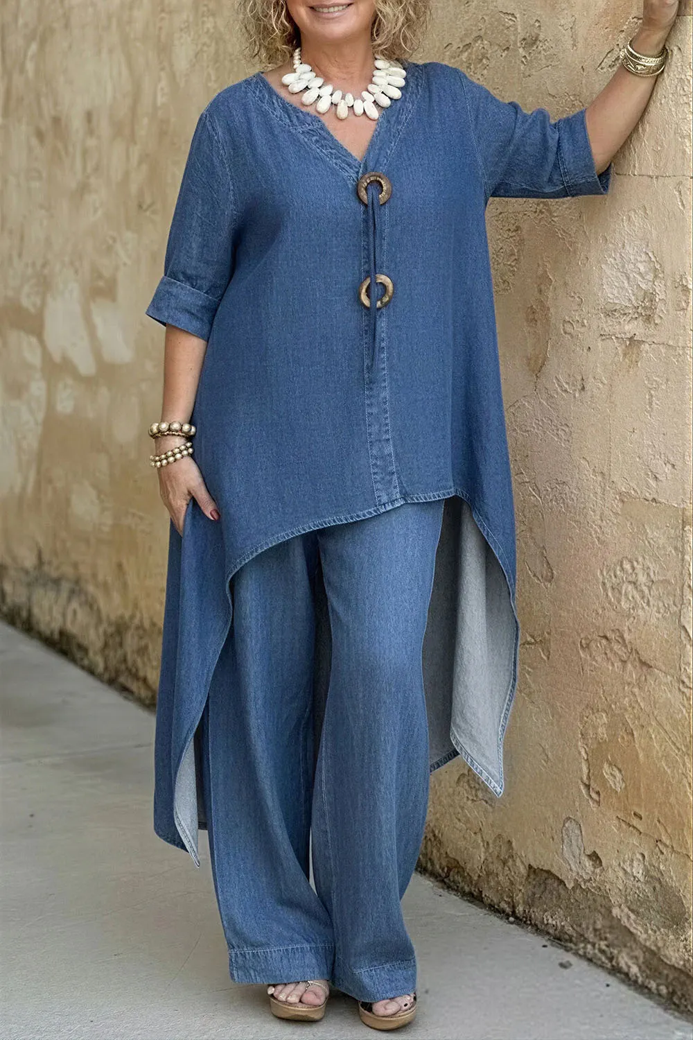 Plus Size Daily Casual Blue V Neck Half Sleeve Asymmetric Hem Wide Leg Tencel Denim Two Piece Pant Sets