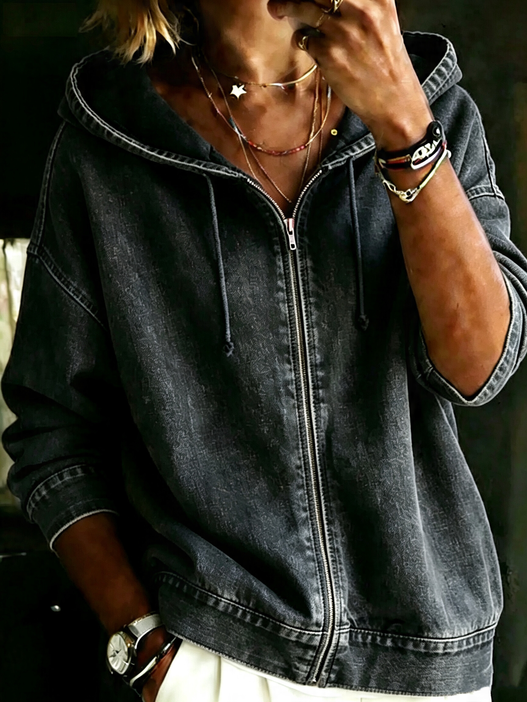 Women's Casual Long Sleeve Denim Zipper Hoodie Coat
