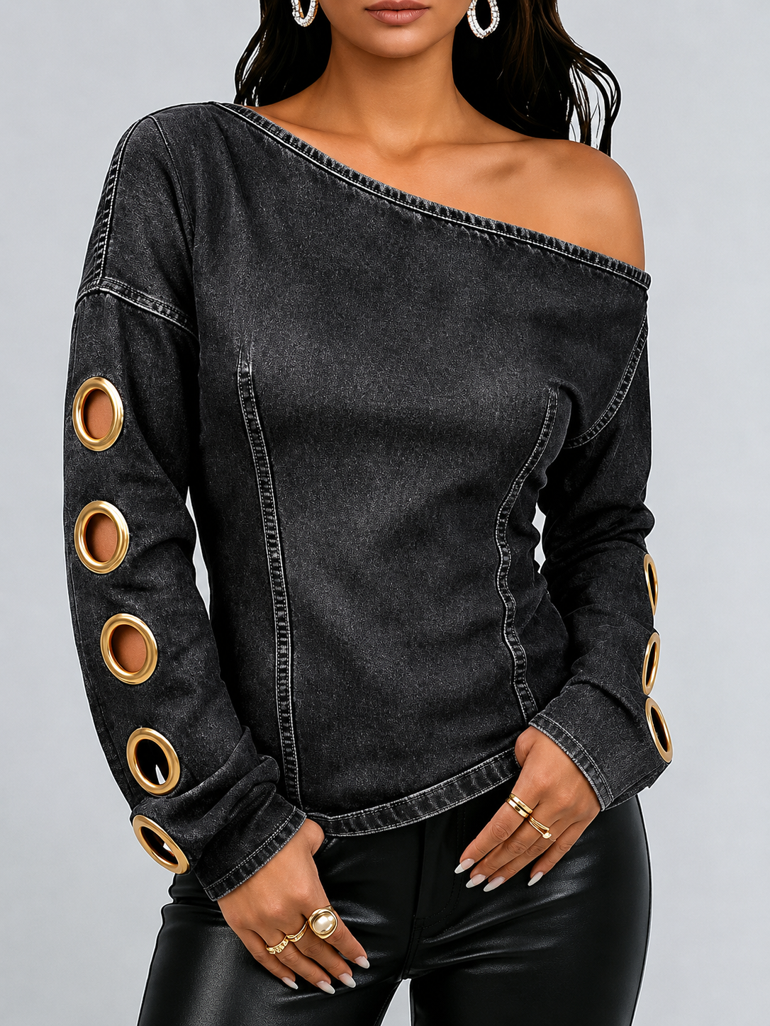 Women's Off-the-shoulder Long-sleeved Casual Loose Denim Top