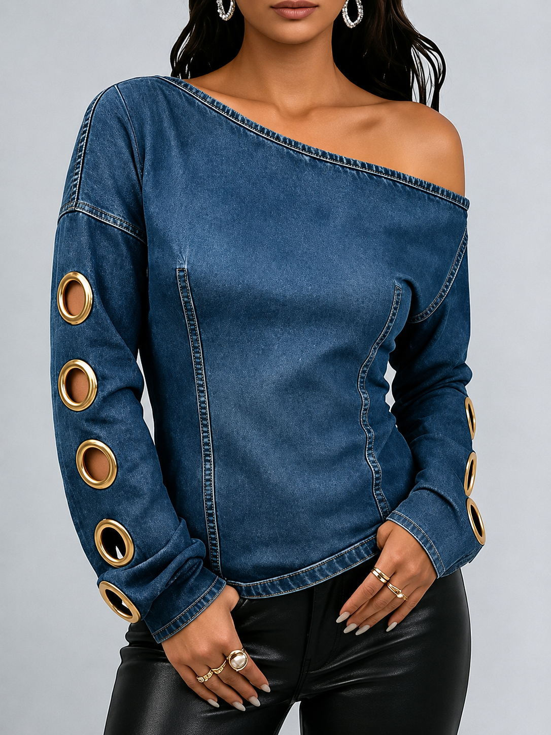 Women's Off-the-shoulder Long-sleeved Casual Loose Denim Top