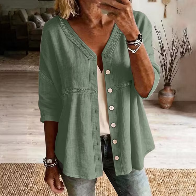 Women's V-Neck Lace Trim Button-Down Blouse