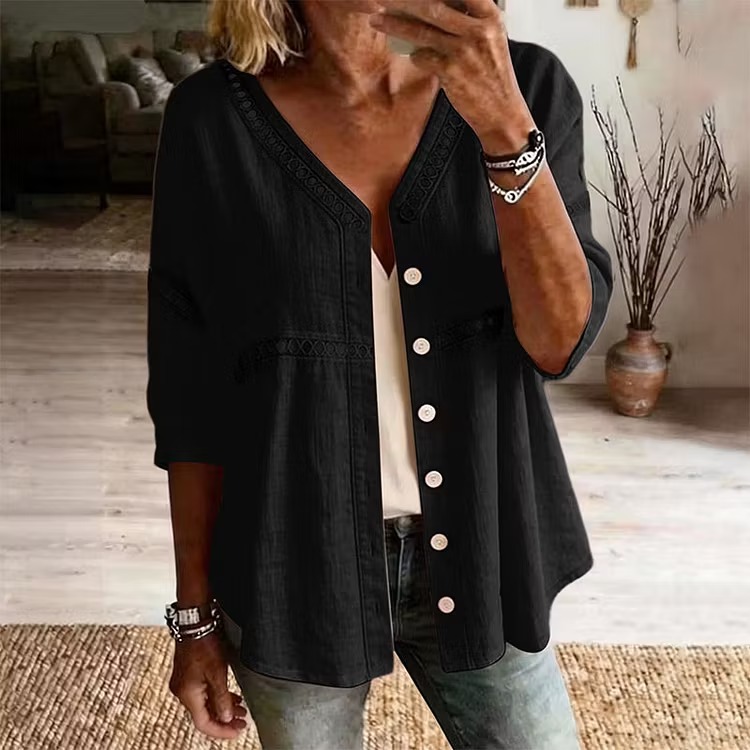 Women's V-Neck Lace Trim Button-Down Blouse