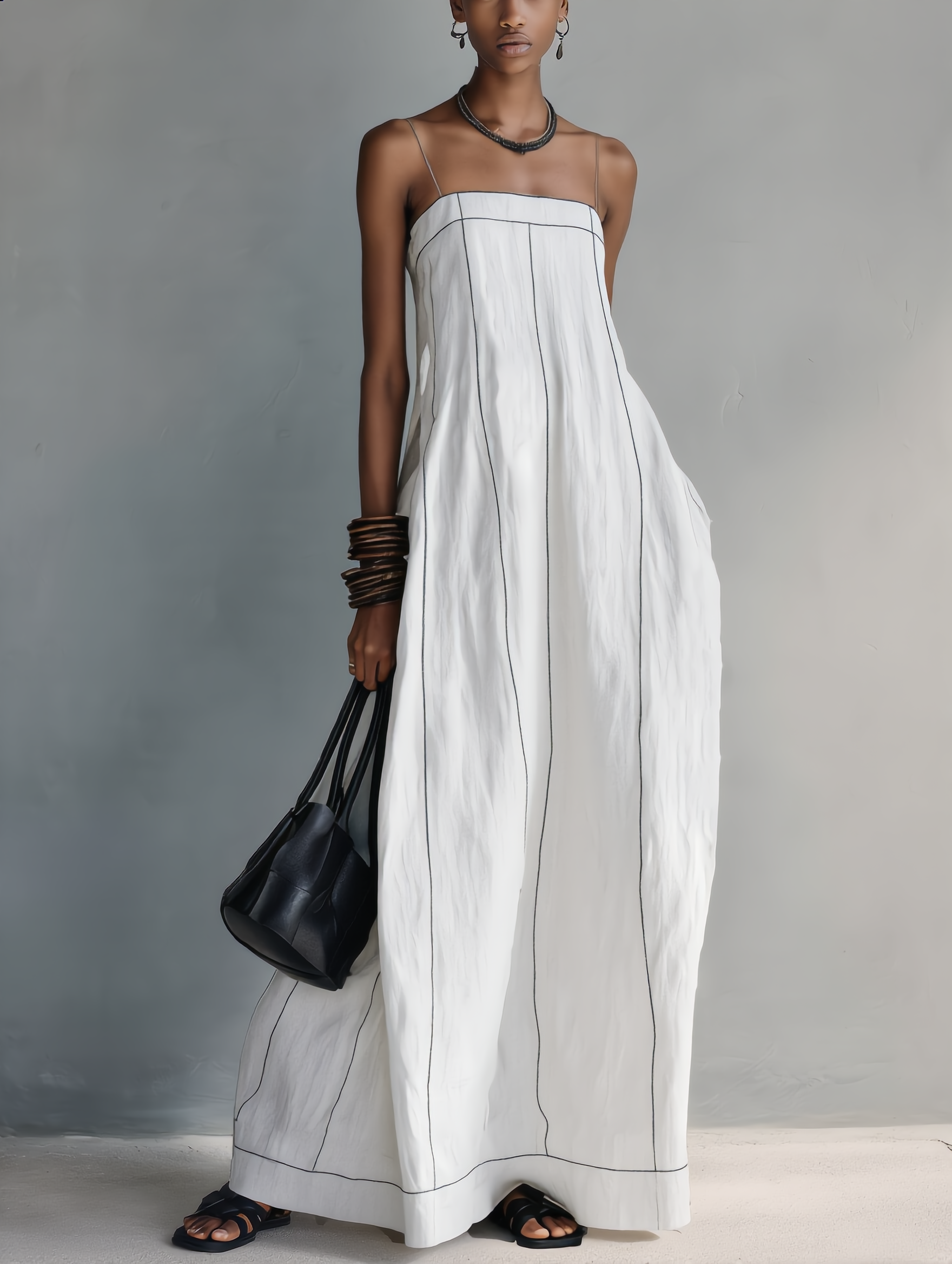 Women's Casual Blue Cotton-linen Sleeveless Camisole Maxi Dress
