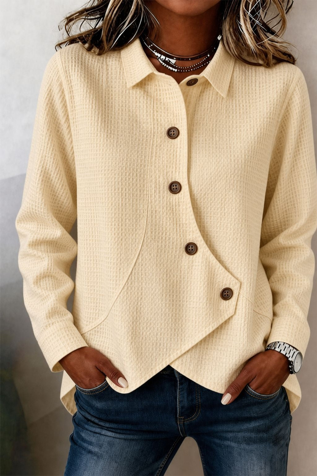 Chic Asymmetric Button-front Waffle-knit Blouse
