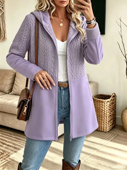 Damen-Strickmantel mit Zopfmuster, Kapuze und Reißverschluss