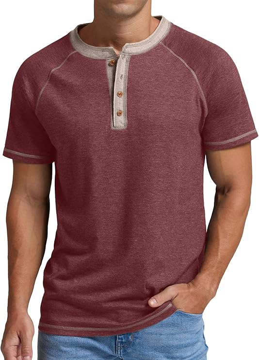Men's Henry Short Sleeve T-Shirt Casual T-Shirt Cotton Summer Top