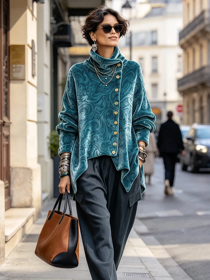 Women's Vintage Print High-neck Long-sleeve Loose-fit Velvet Top