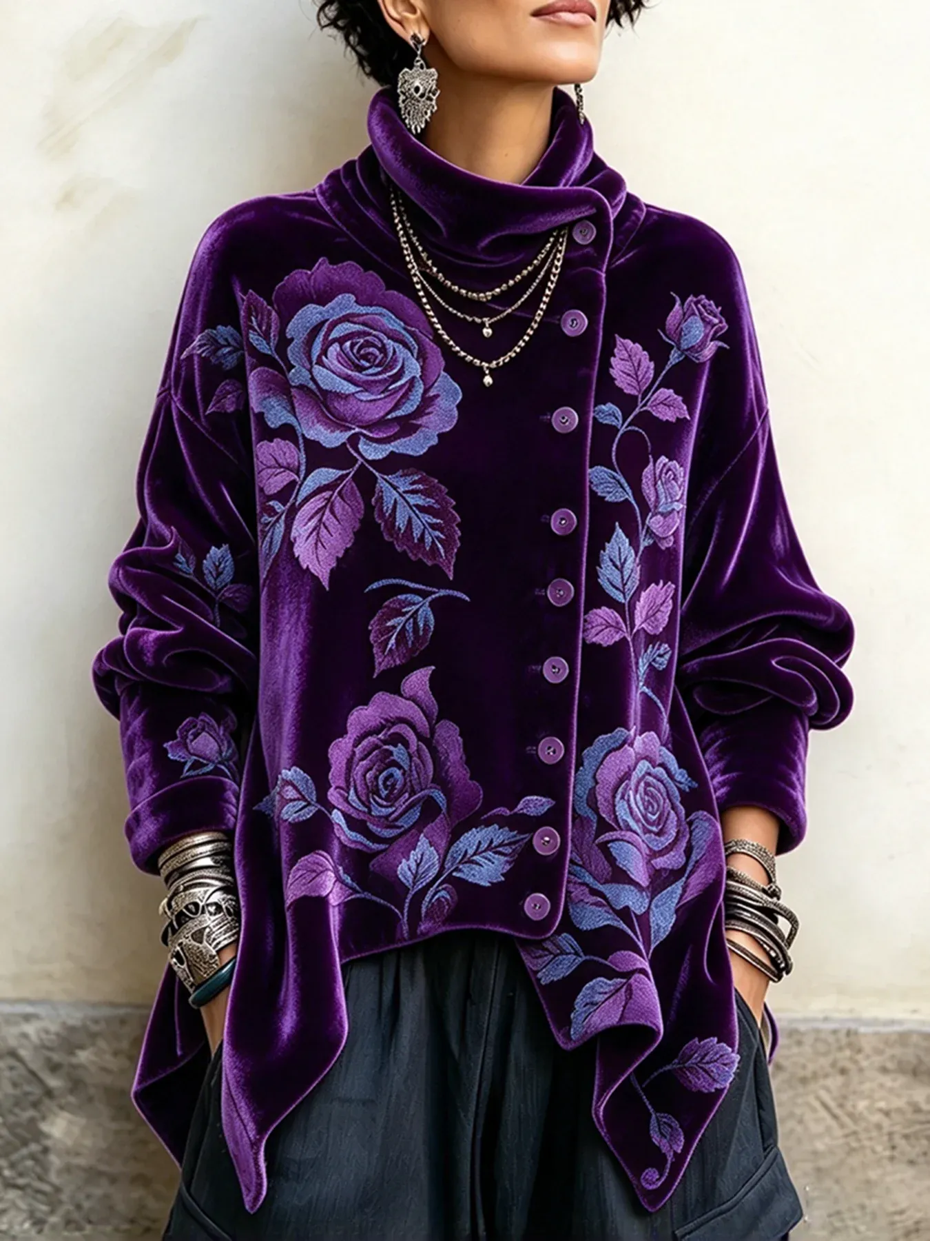 Women's Vintage Print High-neck Long-sleeve Loose-fit Velvet Top